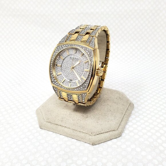 Bulova Men's Crystal Quartz Date Gemmed Gold Stainless Steel Watch 40 MM 98B323 - Picture 1 of 16